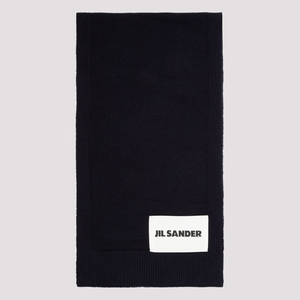 jil sander logo patch knitted scarf in navy
