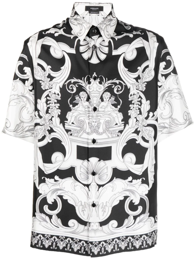 Versace Informal Shirt In Silk With Silver Baroque Print In Black
