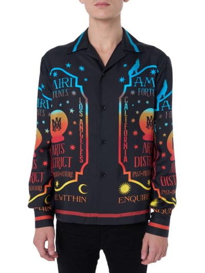 amiri fortune print long sleeve silk bowling shirt in black