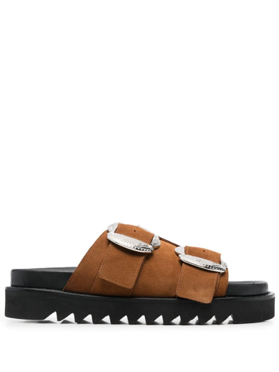 Metal-buckle Suede Two-strap Sandals In Brown