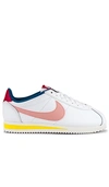 Nike Classic Cortez Leather Sneaker In Summit White, Coral Stardust, Gym Red & Chrome Yellow